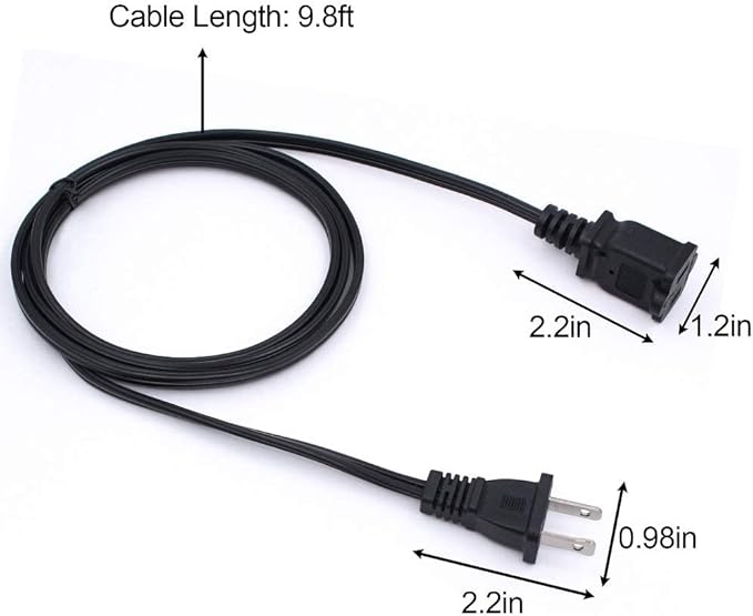 Black Extension Cord 10 Ft,2 Prong Extension Cords US Flat and Thin Male/Female Power Cable, UL Listed Perfect for Home Appliances, Office or Christmas Lights