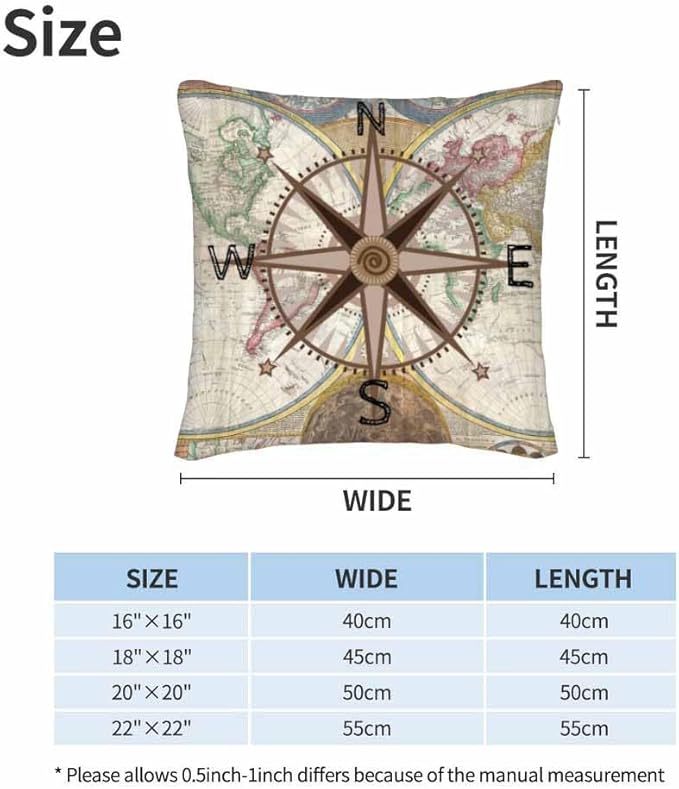 Nautical Compass Throw Pillow Covers 18x18 Historical World Map Earth Exploration Vintage Set of 2 Pillow Cases Square Velvet Outdoor Pillowcases Decorative for Home Bed Sofa Couch Hotel