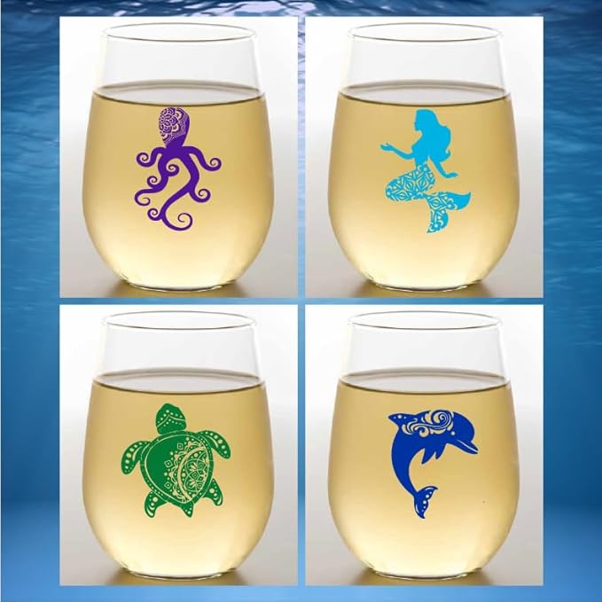 Wine-Oh! Set of 4 Shatterproof Designer 16 oz Plastic Wine Glasses MADE in the USA (DEEP BLUE SEA)