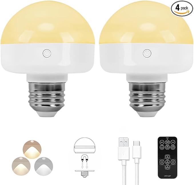 BLUEYE 4Packs Rechargeable Light Bulbs,Remote Control,7W 350LM,3CCT,E26 Detachable,2000mAh Battery Operated Lamp,40W Equivalent,Timer,Dimmer,for Non-Hardwired