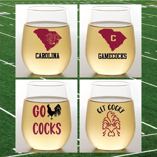 Wine-Oh! Set of 4 Shatterproof Designer 16 oz Plastic Wine Glasses MADE in the USA (GAMECOCKS)