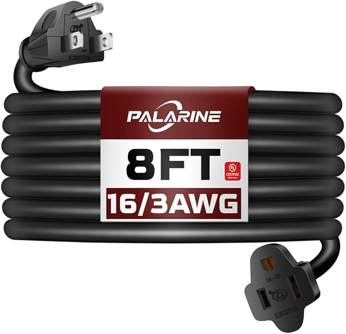 8ft Black Outdoor Extension Cord Waterproof, UL Listed, 16/3 SJTW Heavy Duty 3 Prong, 16 Gauge 13A Power Cord Ideal for Indoor Outdoor Lights, Appliances, and Lawn