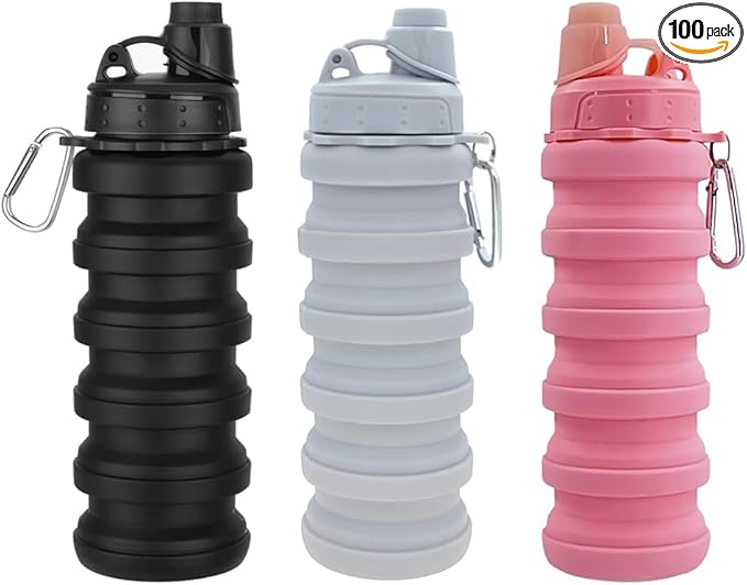 Collapsible Water Bottles 3 PackTravel water bottle Sports Portable Water Bottle Reusable Water Bottles 500ml. (Black+Light Grey+Pink)