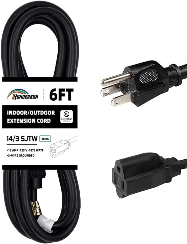 Indoor Outdoor Extension Cord Weatherproof, UL Certified, 14 Gauge 6FT Black 3 Prong Heavy Duty, 14/3 SJTW 15A Power Cord for Outdoor Lights, Appliances, Lawn
