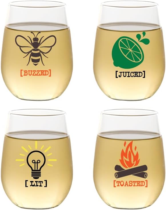 Set of 4 Shatterproof Designer 16 oz Plastic Wine Glasses MADE in the USA (BUZZED)