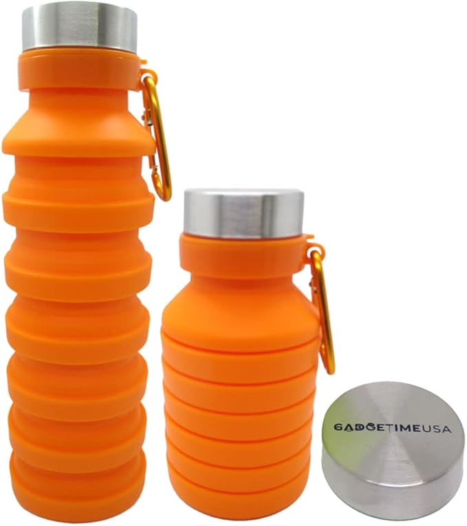 Gadgetime USA Collapsible Water Bottle (Orange) - Reusable, BPA Free, Silicone, Foldable Portable & Leak Proof - Water Bottles for Travel Gym Camping Hiking - Sports Water Bottle with Carabiner
