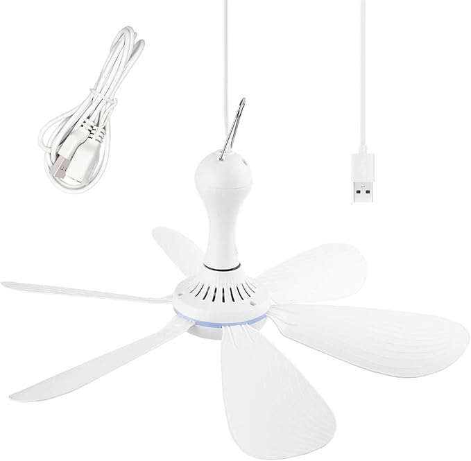Silent USB Powered Ceiling Canopy Fan with 1m Extension Cord, Small Portable 6 blade Quiet Small DC USB Ceiling Fan Hanging Fan for Camping Bed Dormitory RV Tent Home Room