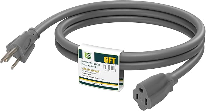 EP 6 Ft Outdoor Extension Cord - 16/3 SJTW Gray Electrical Cable with 3 Prong Grounded Plug, UL Listed