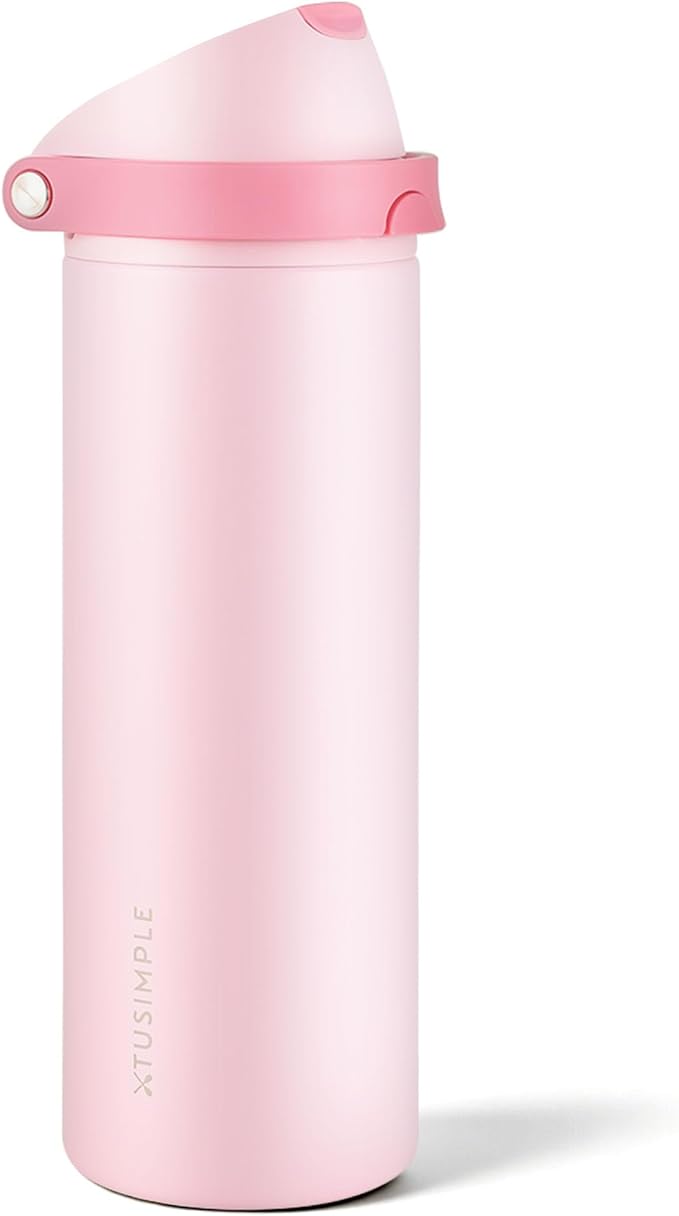 24 oz Insulated Water Bottle with Straw, Stainless Steel Water Bottle with 2-in-1 Push-Button Spout & Quick-Flip Straw, Fits Car Cupholder, Leakproof, for Gym, Travel, School, Camping, Pink