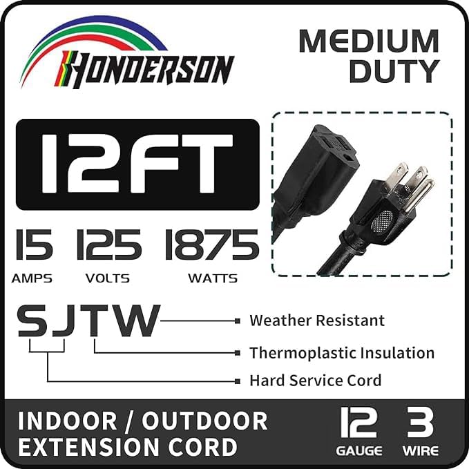 Indoor Outdoor Extension Cord Weatherproof, UL Certified, 12 Gauge 12FT Black 3 Prong Heavy Duty, 12/3 SJTW 15A Power Cord for Outdoor Lights, Appliances, Lawn