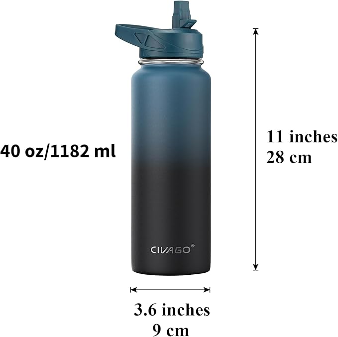 CIVAGO 40 oz Insulated Water Bottle With Straw, Stainless Steel Sports Water Cup Flask with 3 Lids (Straw, Spout and Handle Lid), Double Walled Travel Thermal Canteen Mug, Navy Blue