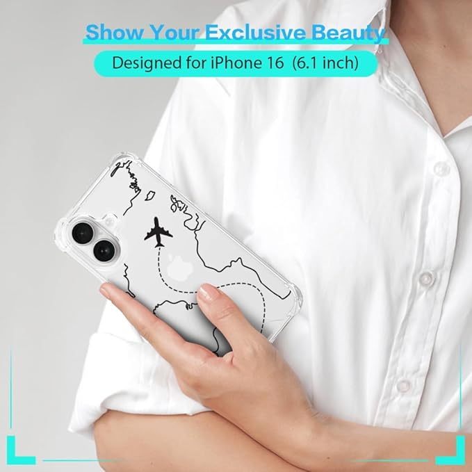 FANXI Minimalist Airplane Travel Map Phone Case Compatible with iPhone 16 (6.1 Inch) - Shockproof Clear Soft TPU Protective Cover with Airplane Design for Women Men and Girls