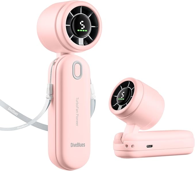 Diveblues Handheld Fan, 30ft/s Mini Portable Turbo Fan [12H Max Cooling], 4000mAh Personal Fan with LED Display, 3-in-1 Hand Held/Neck/Desk Fan for Travel, Cruise, Disney Essentials