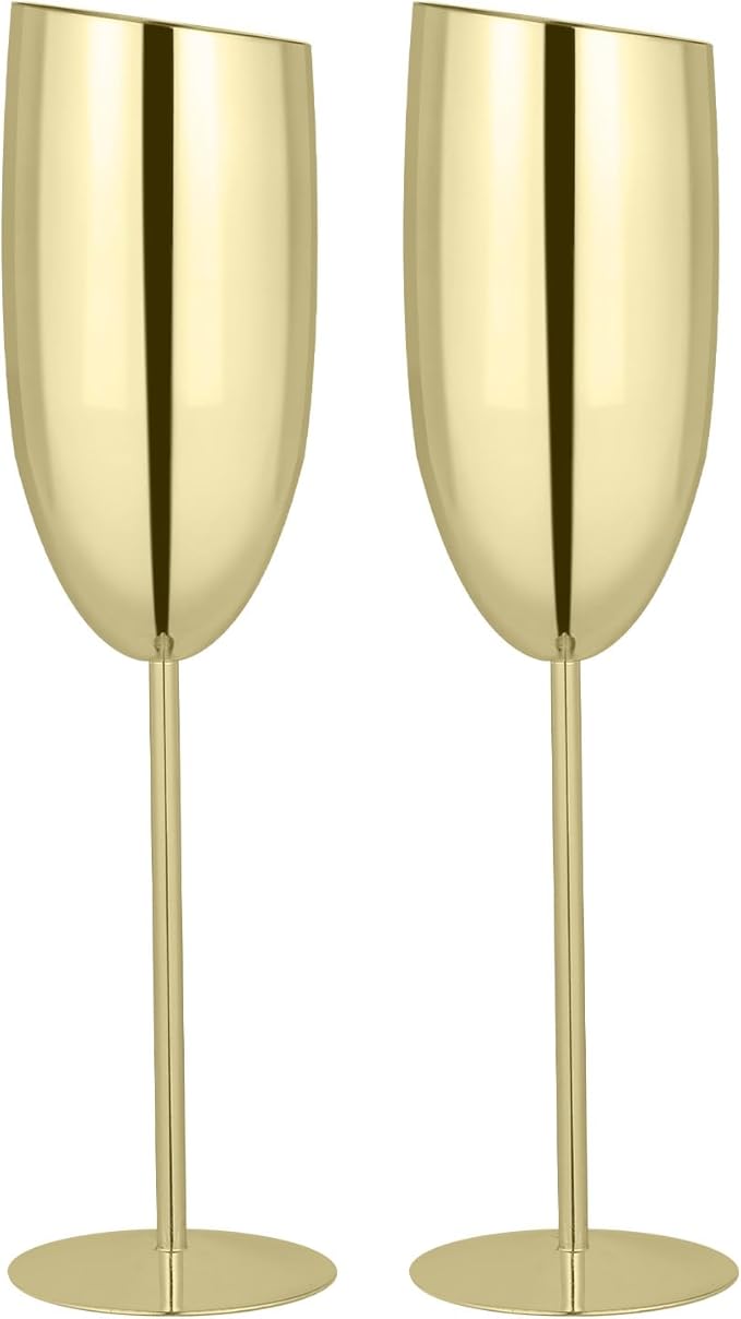 TJ Champagne Glasses Set of 2 Stainless Steel Champagne Flutes 8.5 oz Unbreakable Gold Champagne Glasses Reusable Indoor Outdoor Travel Drinkware for Party Wedding Christmas Anniversary Birthday