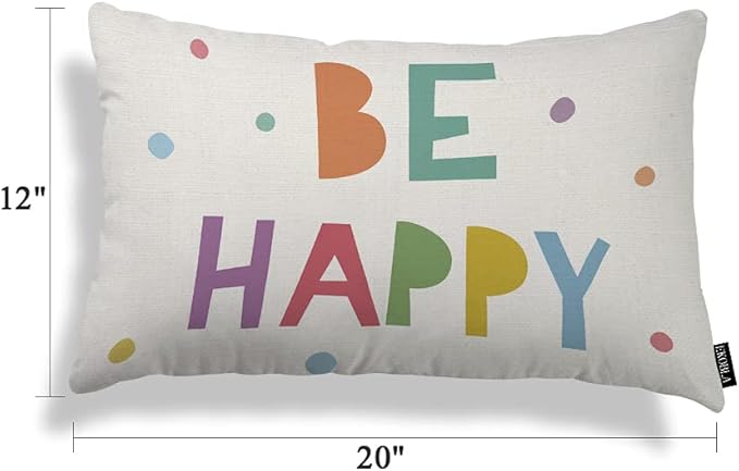 EKOBLA Be Happy Home Decorative Rectangle Pillow Cases Colorful Dots Cheerful Typography Lumbar Cotton Linen Throw Pillow Covers Cushion Case Rectangle Oblong 12x20 Inches