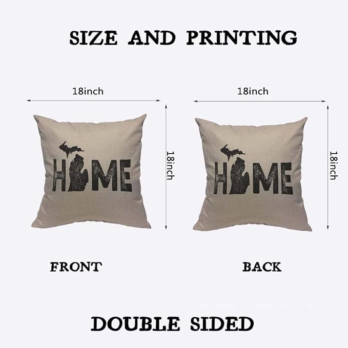 TKS MITLAN Michigan Home State Pillow Covers 18 x 18 Inch Map Home America Artistic Font Contour Border Geography Rustic Linen Throw Pillow Covers 18x18 Inch for Sofa Couch Decoration