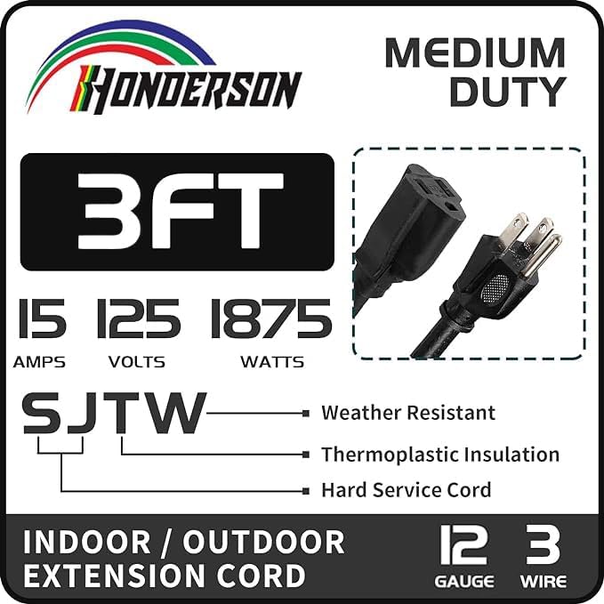 Extension Cord Weatherproof, UL Certified, 12 Gauge 3FT Black 3 Prong Heavy Duty, 12/3 SJTW 15A Power Cord for Lights, Appliances, Lawn