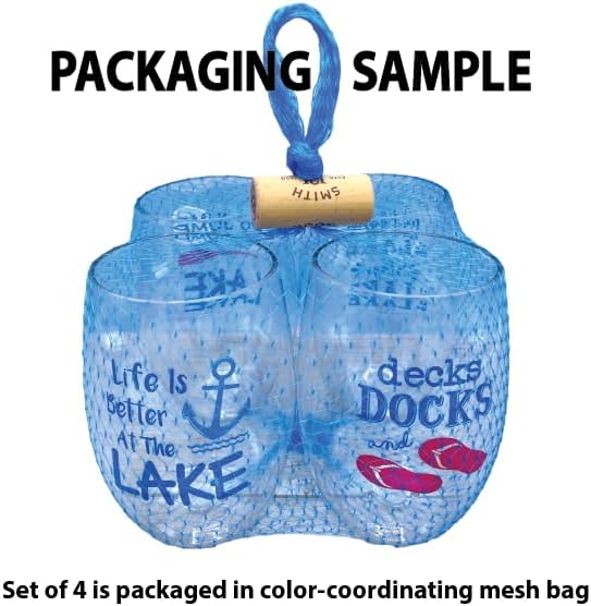 Set of 4 Shatterproof Designer 16 oz Plastic Wine Glasses MADE in the USA (LAKE LIFE)