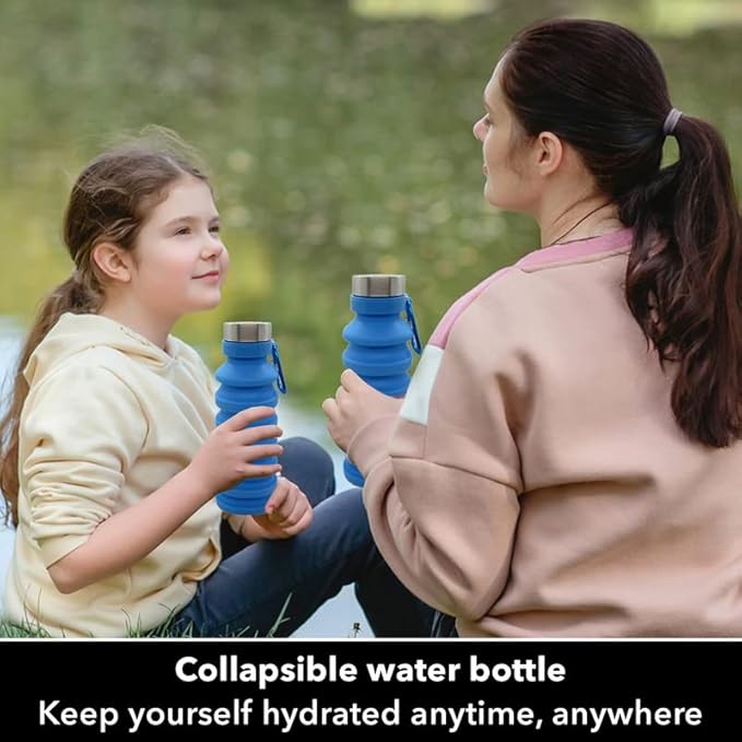 Gadgetime USA Collapsible Water Bottle (Blue) - Reusable, BPA Free, Silicone, Foldable Portable & Leak Proof - Water Bottles for Travel Gym Camping Hiking - Sports Water Bottle with Carabiner