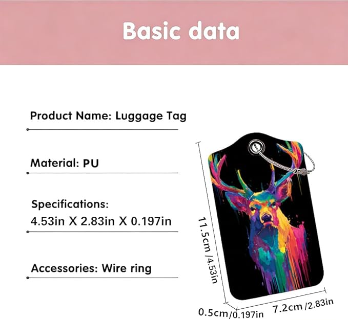 2Pcs Vibrant Deer Luggage Tags for Suitcases, 2.83x4.53 Artistic Animal ID Labels with Privacy Cover, Neon Geometric Bag Tags for Backpacks, Travel Gifts for Men & Women, Set of 2