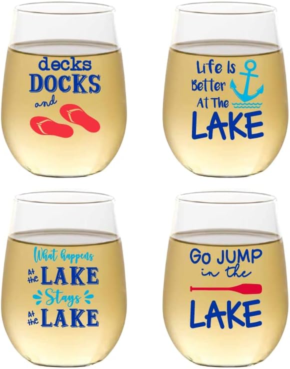 Set of 4 Shatterproof Designer 16 oz Plastic Wine Glasses MADE in the USA (DECKS, DOCKS)