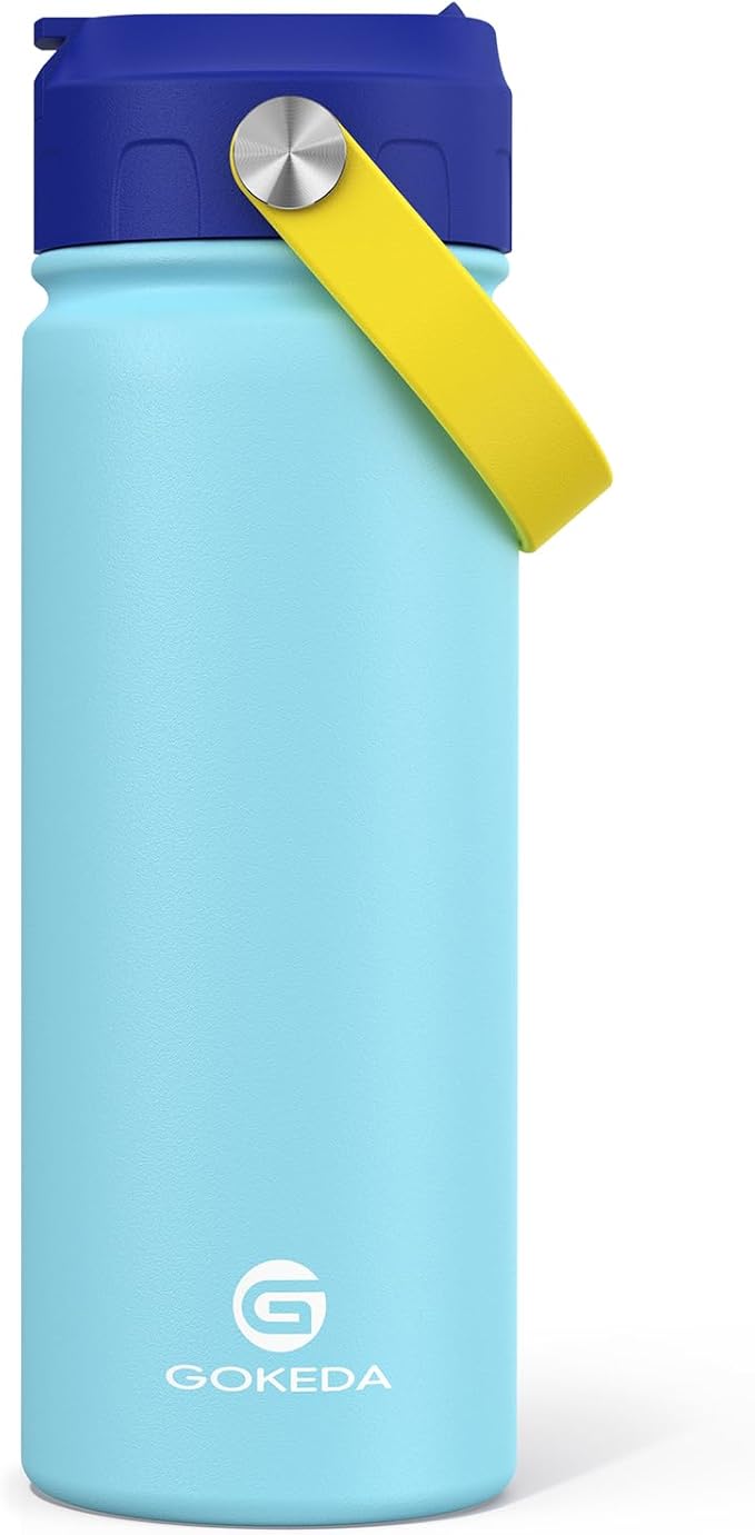 GoKEDA 18oz Kids Water Bottle, Insulated Bottles with Stickers, 18/8 Stainless Steel Vacuum Leak Proof Straw Cup for School, Gifts for Boys Girls(LightBlue)