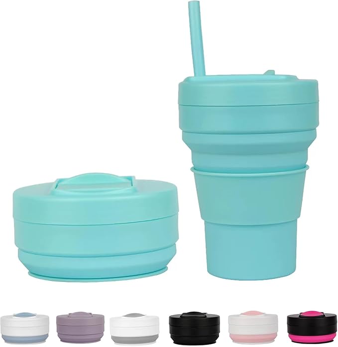 12 oz Collapsible Travel Cup with Lid, Silicone Foldable Drinking Cup for Camping Hiking,Portable Silicone Water Bottle for Hot and Cold Beverages with Straw- Green