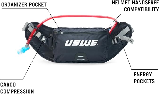 USWE Zulo Hydration Hip Pack - with Organizer and Side Pockets, Bounce Free Hip Belt (2L, Black)