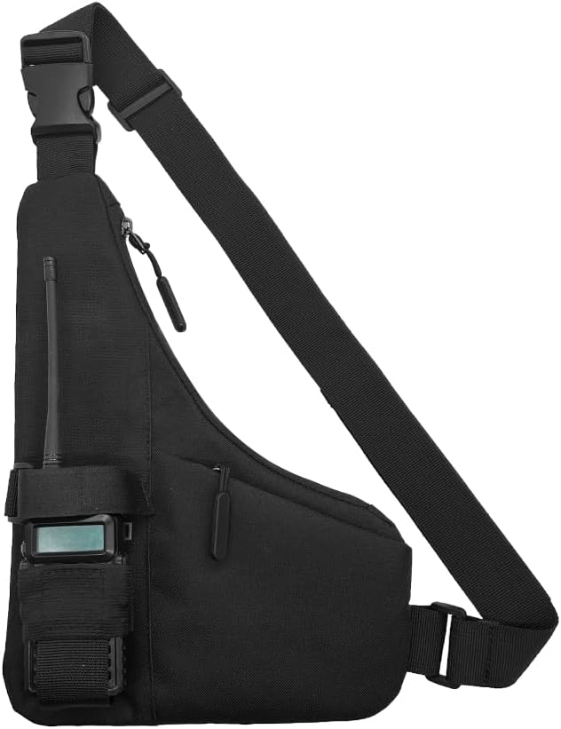 Universal Radio L Shape Chest 2 Pockets Harness Tactical Vest Nylon Vest Walkie Talkie Chest Rig Pack Pouch Holster for Baofeng Motorola Two Way Radio Vest (Black)