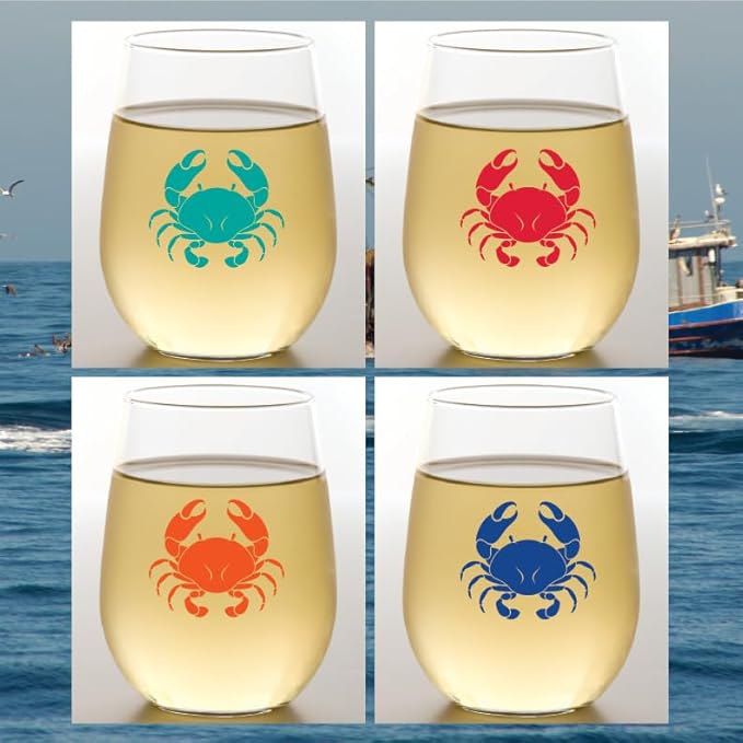 Set of 4 Shatterproof Designer 16 oz Plastic Wine Glasses MADE in the USA (CRABULOUS)