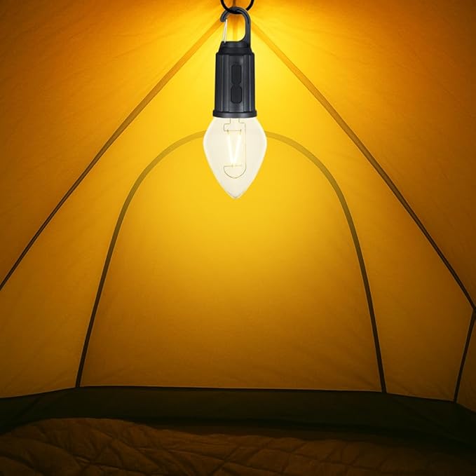 2-Pack Rechargeable Camp Light, Warm White LED Teardrop Bulb, Battery Powered with USB-C, Shatterproof Globe on Carabiner, 3 Brightness Levels