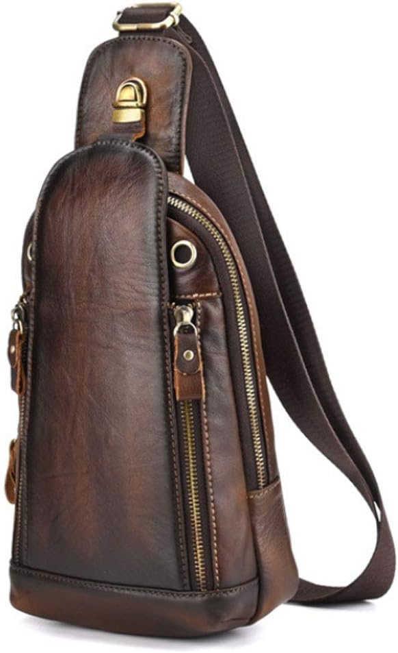 Hebetag Leather Sling Bag Crossbody Backpack for Men Women Outdoor Travel Camping Hiking Shoulder Chest Day Pouch Casual Vintage Sling Daypack Coffee