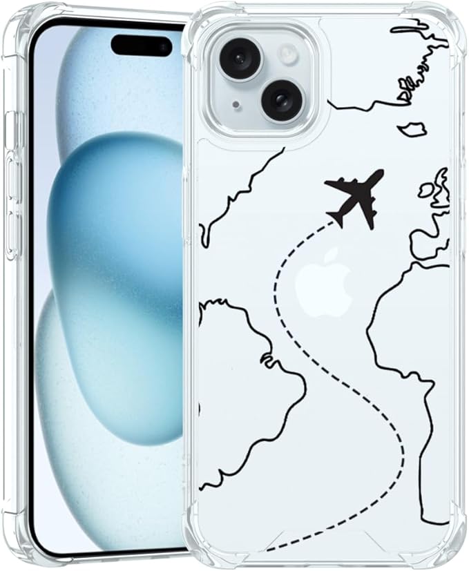 FANXI Minimalist Airplane Travel Map Phone Case Compatible with iPhone 15 (6.1 Inch) - Shockproof Clear Soft TPU Protective Cover with Airplane Design for Women Men and Girls