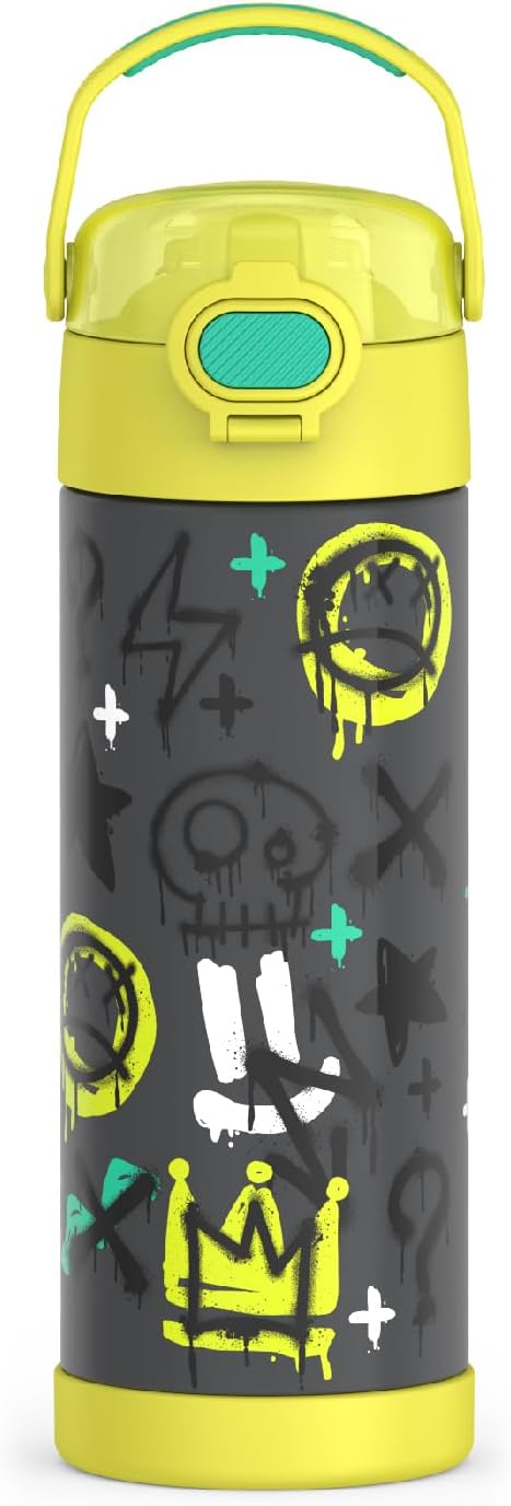 THERMOS FUNTAINER 16 Ounce Stainless Steel Vacuum Insulated Bottle with Wide Spout Lid, Graffiti Boy