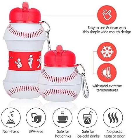 Clip-On Collapsible BPA-Free Silicone Baseball Water Bottle for Kids, 19 Oz. Size