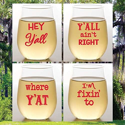 Set of 4 Shatterproof Designer 16 oz Plastic Wine Glasses MADE in the USA (SOUTHERN SAYINGS)