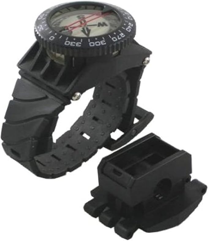 Scuba Choice Deluxe Diving Wrist Compass with Hose Mount, Glowing Dial, 80m Depth Rating, 15” Adjustable Strap, Portable for Underwater Navigation, Reliable & Durable – Black