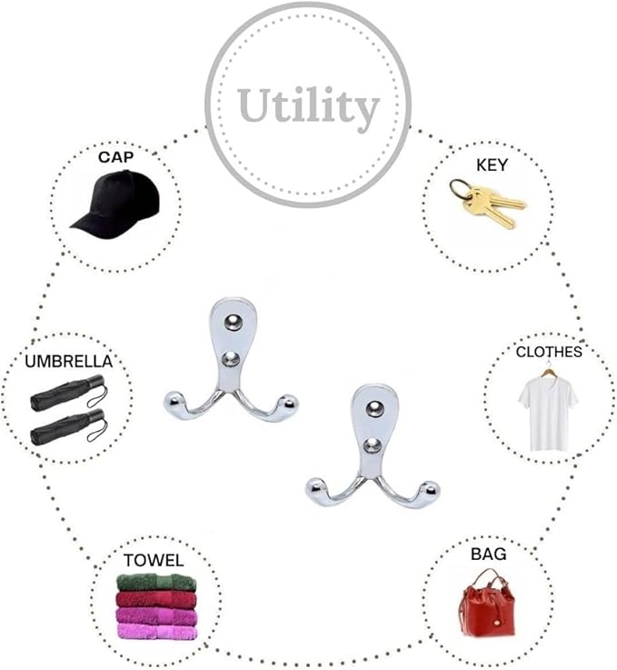 FAPBADRI Multipurpose Hooks, Used to Hang Clothes, Bags, Coats, Curtain Hold Backs, Keys, Colour - Silver, Material - White Metal, Screws and Wallplugs Included, Pack of 2 Pieces