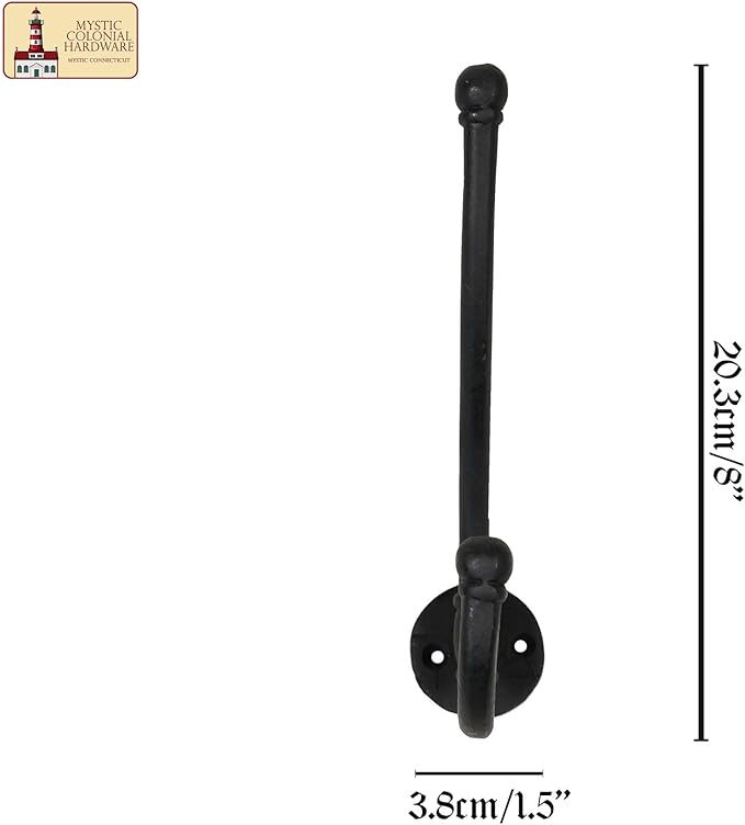 Mystic Colonial Rustic Cast Iron Wall Hooks, Heavy Duty Retro Utility Hanger, Multi Purpose Wall Mount Hooks for Hanging Coat, Bag, Towel, Robe, Hat, Pack of 10-8" x 1.5"