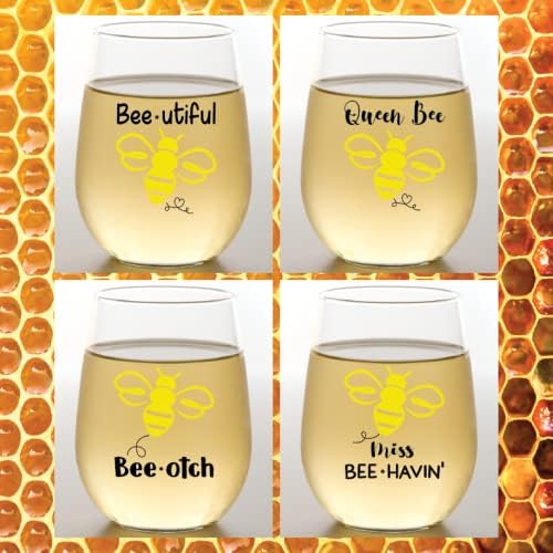 Wine-Oh! Set of 4 Shatterproof Designer 16 oz Plastic Wine Glasses MADE in the USA (BEEHIVE)