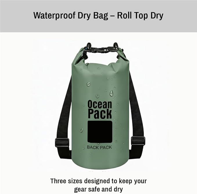 Waterproof Dry Bag Set of 3 (2L 5L 10L) – Roll Top PVC Dry Bags Waterproof for Kayaking, Camping, Beach & Travel – Floating Compression Dry Sack Backpack for Outdoor Gear (Military Green)