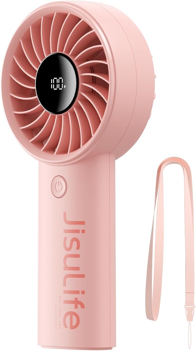 JISULIFE Handheld Portable Fan, Stronger and Longer-Lasting: 5 Speed, 5000mAh Battery, 12-Blade Turbo For Powerful Wider Wind, LED Display, Rechargeable Personal Fan for Travel Concerts Makeup-Pink