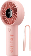 JISULIFE Handheld Portable Fan, Stronger and Longer-Lasting: 5 Speed, 3600mAh Battery, 12-Blade Turbo For Powerful Wider Wind, LED Display, Rechargeable Personal Fan for Travel Concerts Makeup-Pink
