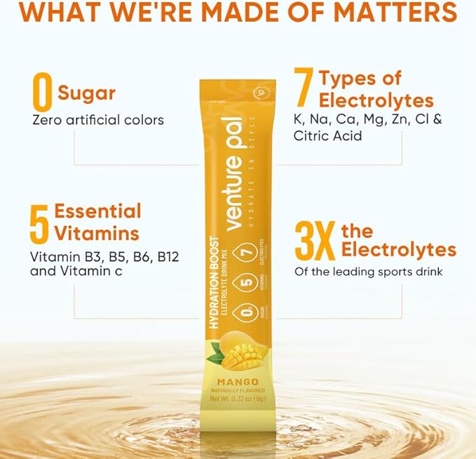 Venture Pal Sugar Free Electrolyte Powder Packets - Liquid Daily IV Hydration Packets | Electrolytes Drink Mix with 5 Vitamins & 7 Electrolytes | Keto Friendly | Non-GMO | Certified Vegan | 16 Sticks
