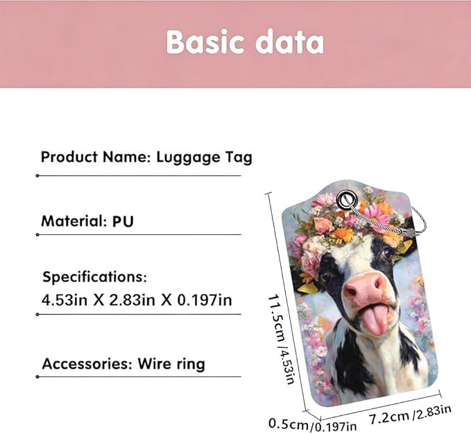 2Pcs Spring Floral Cow Luggage Tags for Suitcases, 2.83x4.53 Cute Farm Animal ID Labels with Privacy Cover, Aesthetic Flower Crown Bag Tags for Backpacks, Mothers Day Travel Gifts, Set of 2