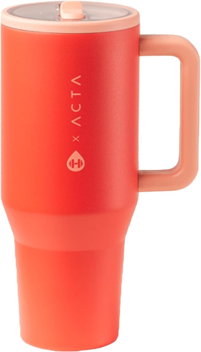HydroJug Traveler - 40 oz Water Bottle with Handle & Flip Straw - Fits in Cup Holder, Leak Resistant Tumbler-Reusable Insulated Stainless Steel & Rubber Base - Gifts for Women & Men, Peach Pop