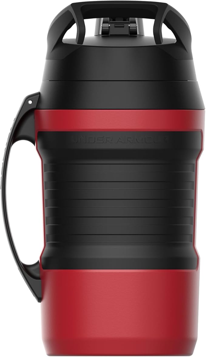 Under Armour Half Gallon Water Bottle Insulated, 64oz Insulated Water Bottle with Handle, Fence Hook, Leak Resistant, for Baseball, Football & More - Red/Black