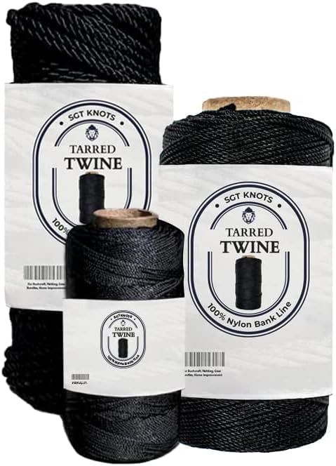SGT KNOTS Tarred Twine - 100% Nylon Bank Line for Bushcraft, Netting, Gear Bundles, Construction, Lacing Twisted Cord, Weatherproof #9-1 lb