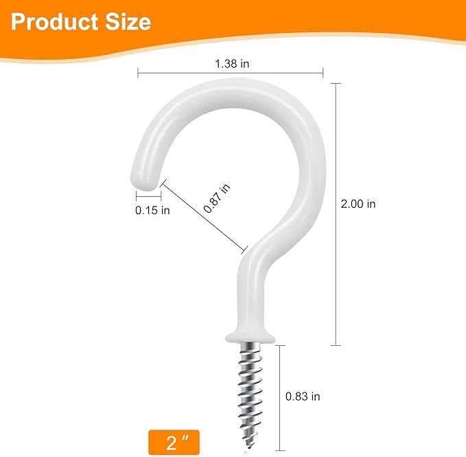 25 Pack Cup Screw Hooks,2 inch Vinyl Coated Ceiling Screw in Hooks Plant Hanger Wind Chimes Hooks Great for Hanging Indoor & Outdoor Use(White)