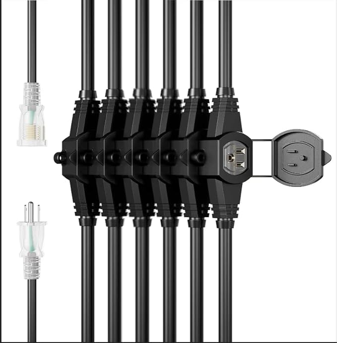 50FT 14 Gauge Heavy Duty Multi-Outlet Outdoor Extension Cord, 7 Evenly Spaced Weatherproof Outlets, LED Indicator Light,Great for Stage Backdrops, Landscape Garden Lighting, Holiday Decoration ETL